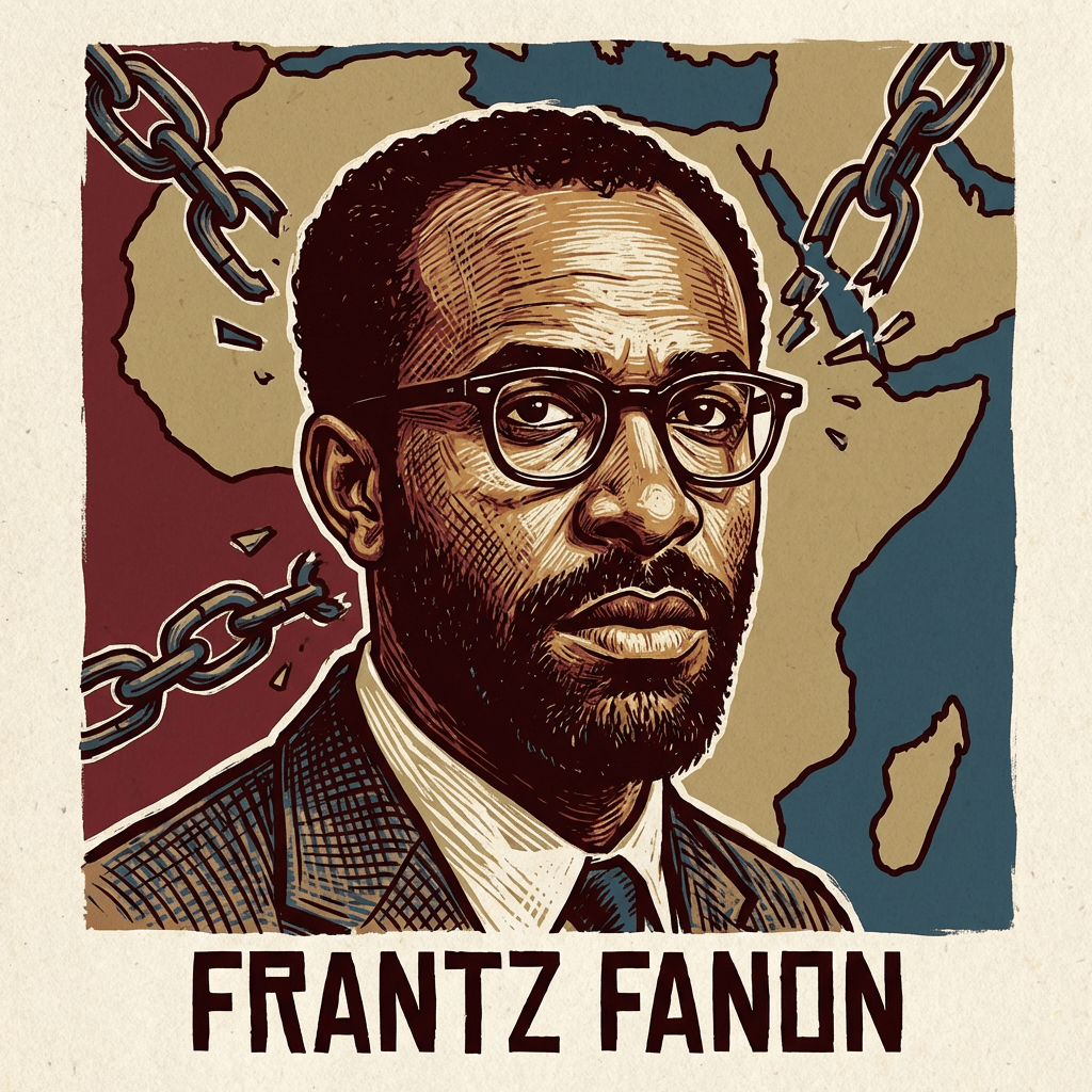 Frantz Fanon portrait against an African map with broken chains. Text: FRANTZ FANON.