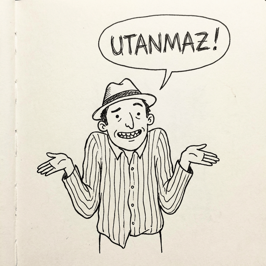 Line drawing of a shrugging man in a hat with a speech bubble saying UTANMAZ!