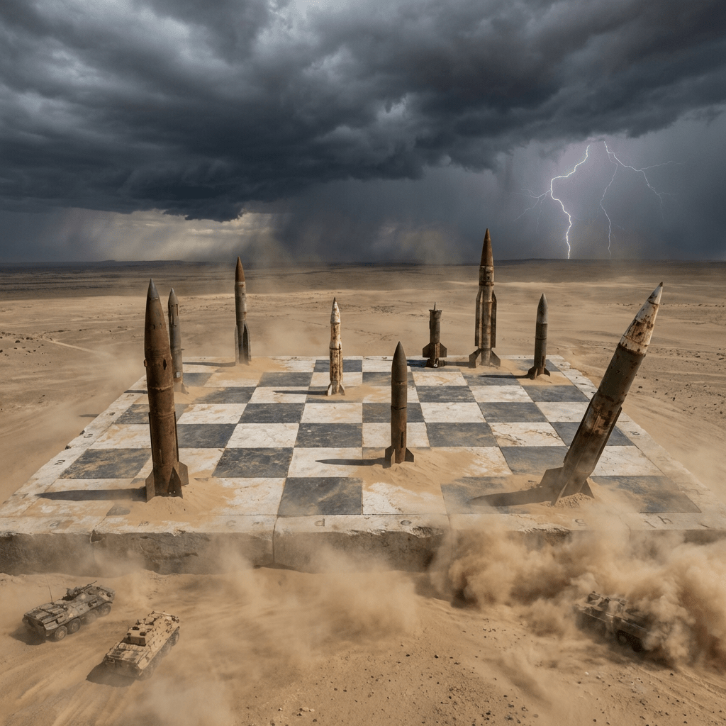 Large missiles acting as chess pieces on a desert board during a lightning storm.