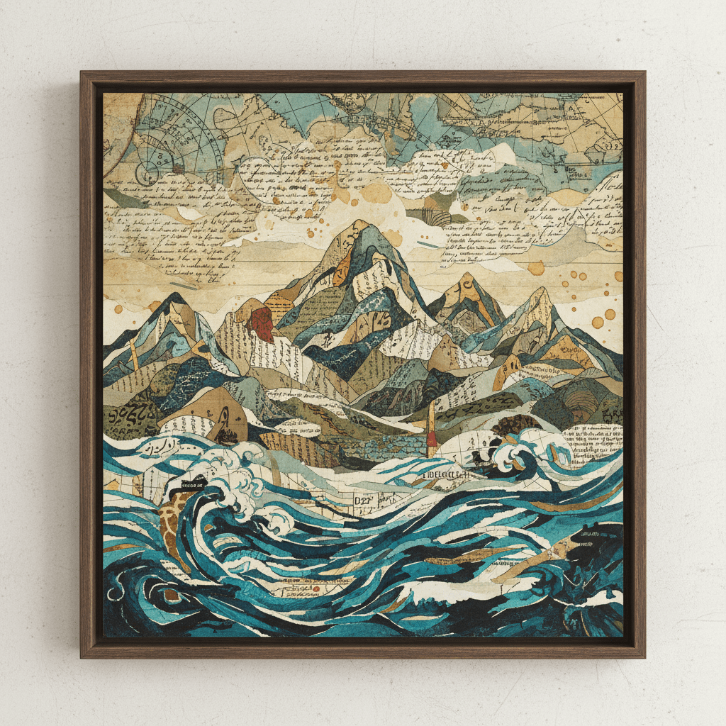Collage of mountains and ocean waves made from vintage maps and handwritten text.