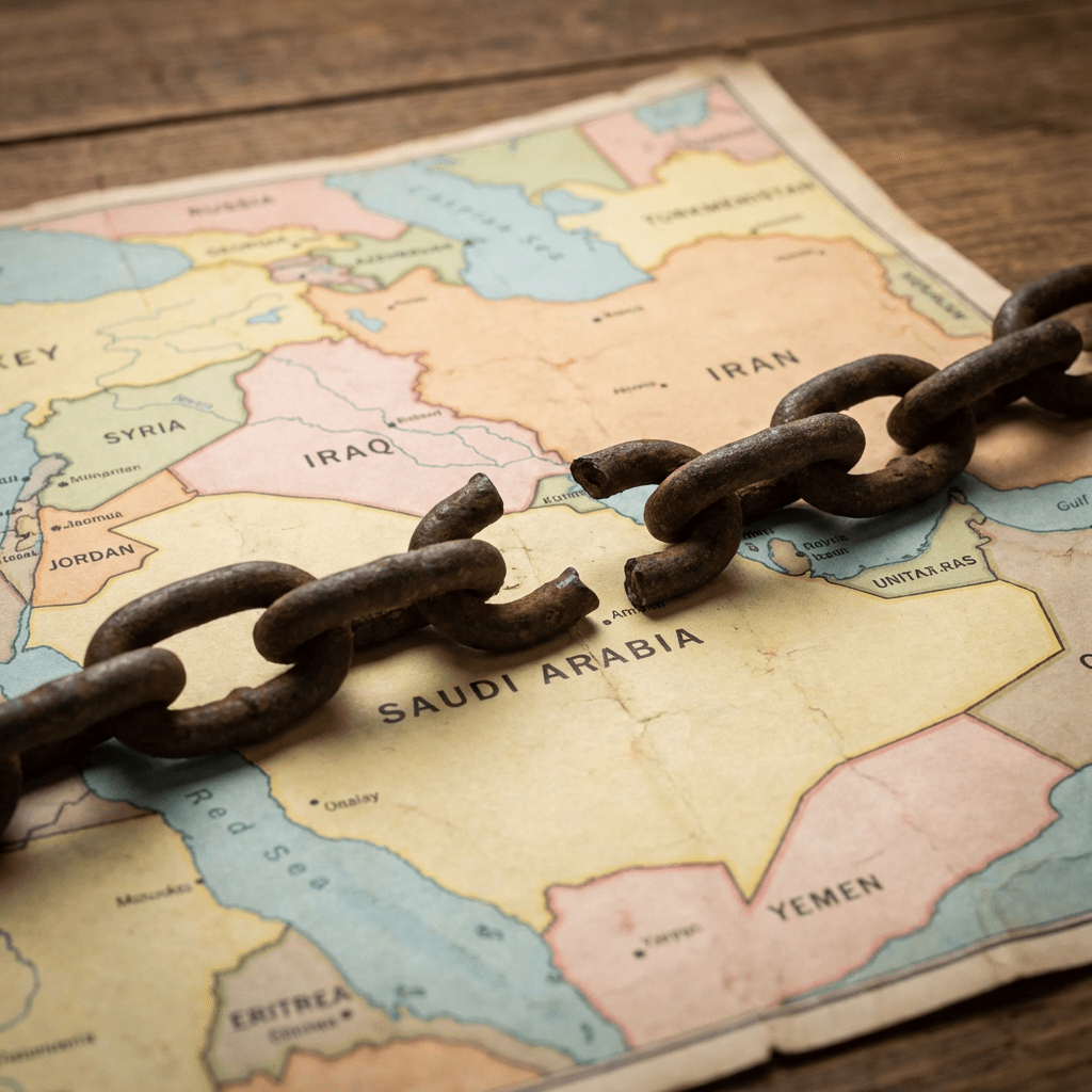 A broken, rusty iron chain lies diagonally across an aged map of the Middle East.