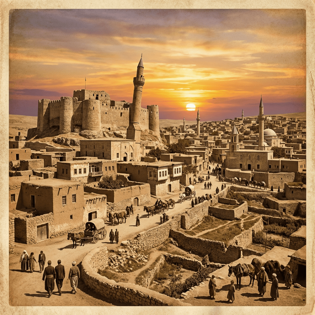 A historic Middle Eastern city with a large stone fortress and minarets under a setting sun.
