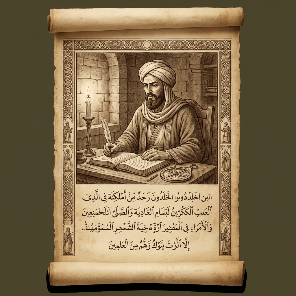 Illustration of a scholar writing with Arabic text: ابن خلدون وبنوا الخلدون رحد من أمكنة في الذي العلبت الككثرين لبسام القادية والصلى انخطمنعين والأمراء في المضفير أرة خية الشجر السمو مهتا إلا اللوات يبوك وهم من العلمين.