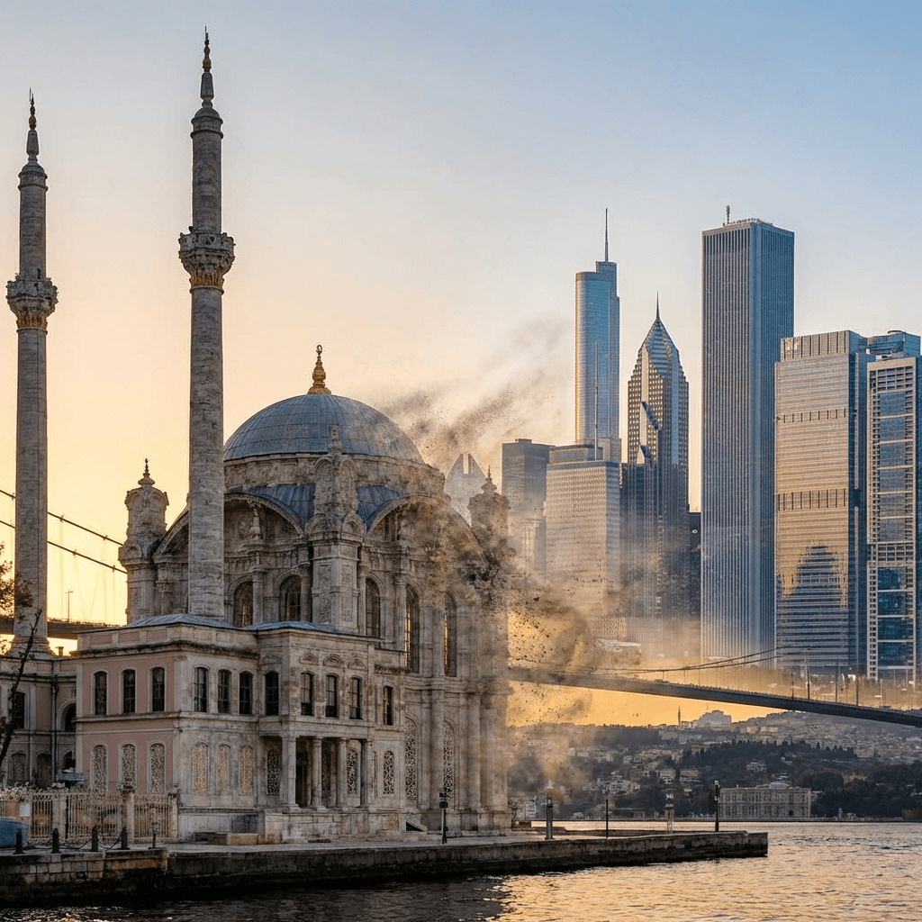 Digital composite of the historic Ortaköy Mosque blending into a modern skyscraper skyline.