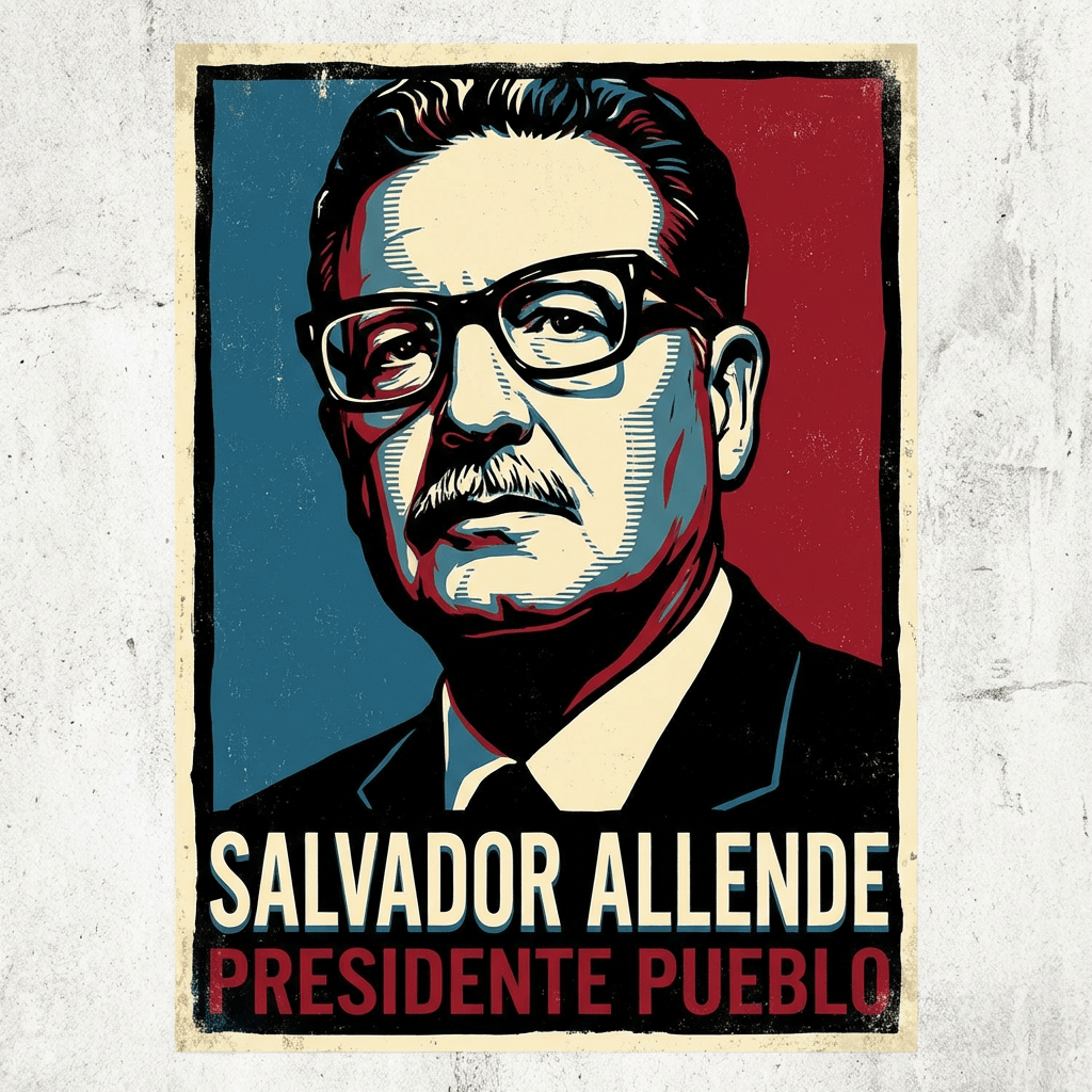 Stylized portrait of Salvador Allende with text SALVADOR ALLENDE PRESIDENTE PUEBLO.