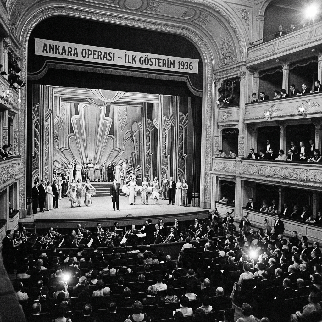 1936 Ankara Opera premiere with performers on stage. Banner: ANKARA OPERASI - İLK GÖSTERİM 1936.