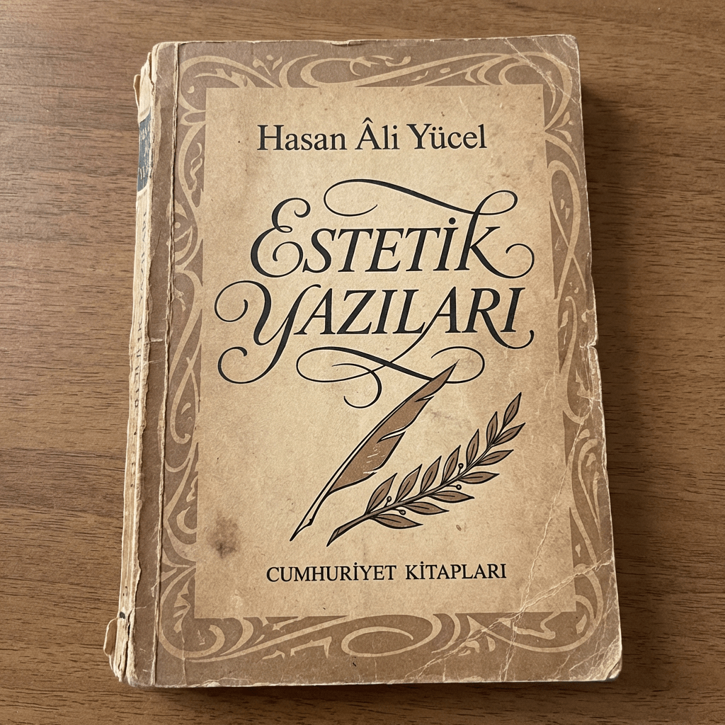 Book cover: Hasan Âli Yücel, ESTETİK YAZILARI, CUMHURİYET KİTAPLARI. Includes quill and olive branch illustrations.