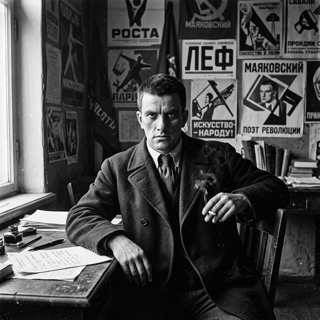 Man smoking cigarette at desk with Soviet revolutionary posters behind